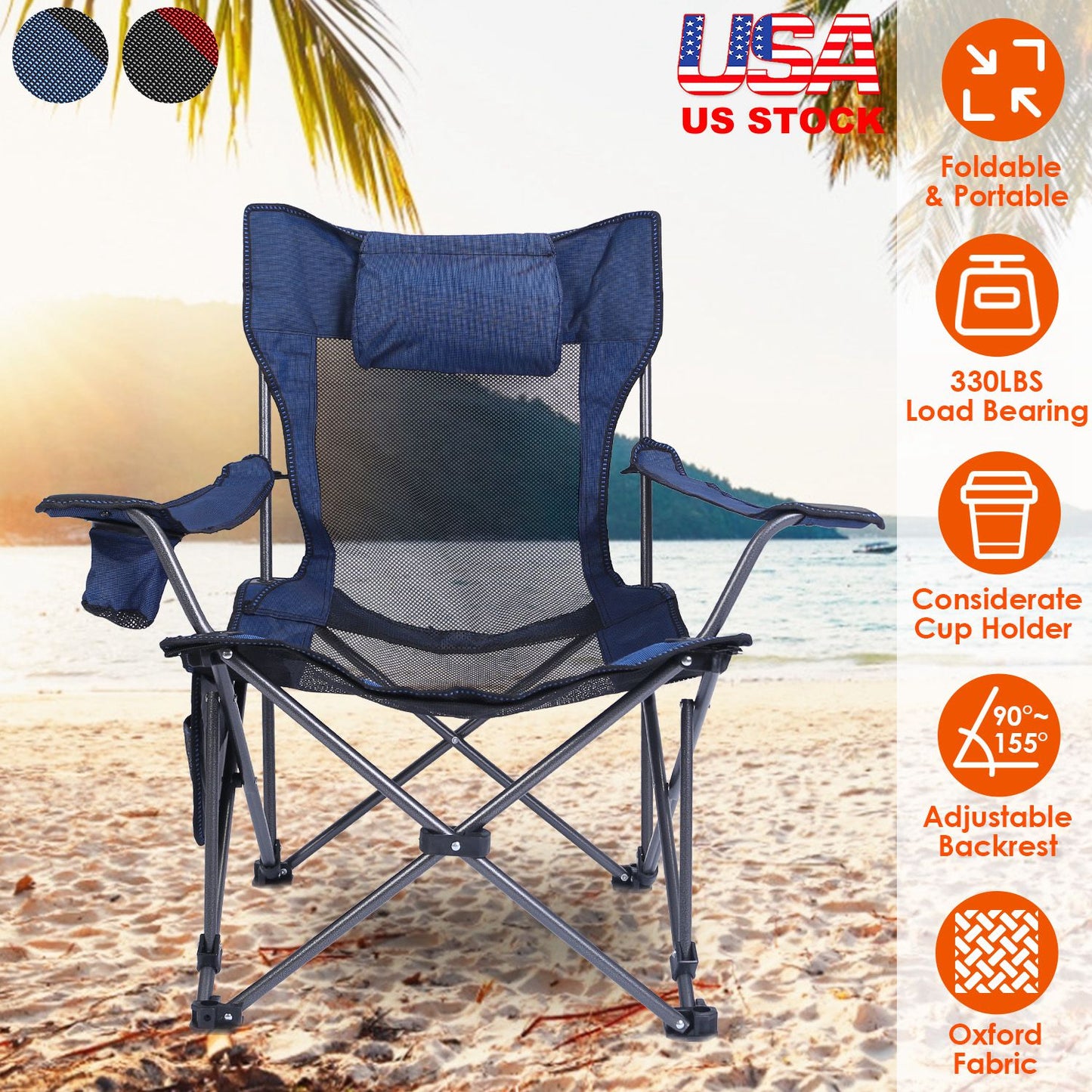 Foldable Camping Chair with Reclining Backrest - 330 LBS Capacity
