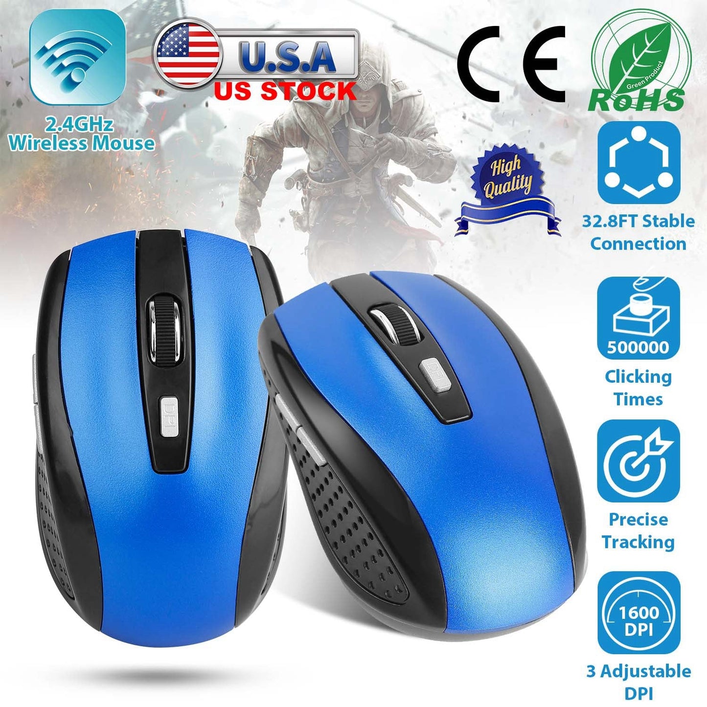 2.4G Wireless Gaming Mouse Optical Mice w/ Receiver 3 Adjustable DPI 6 Buttons For PC Laptop Computer Macbook