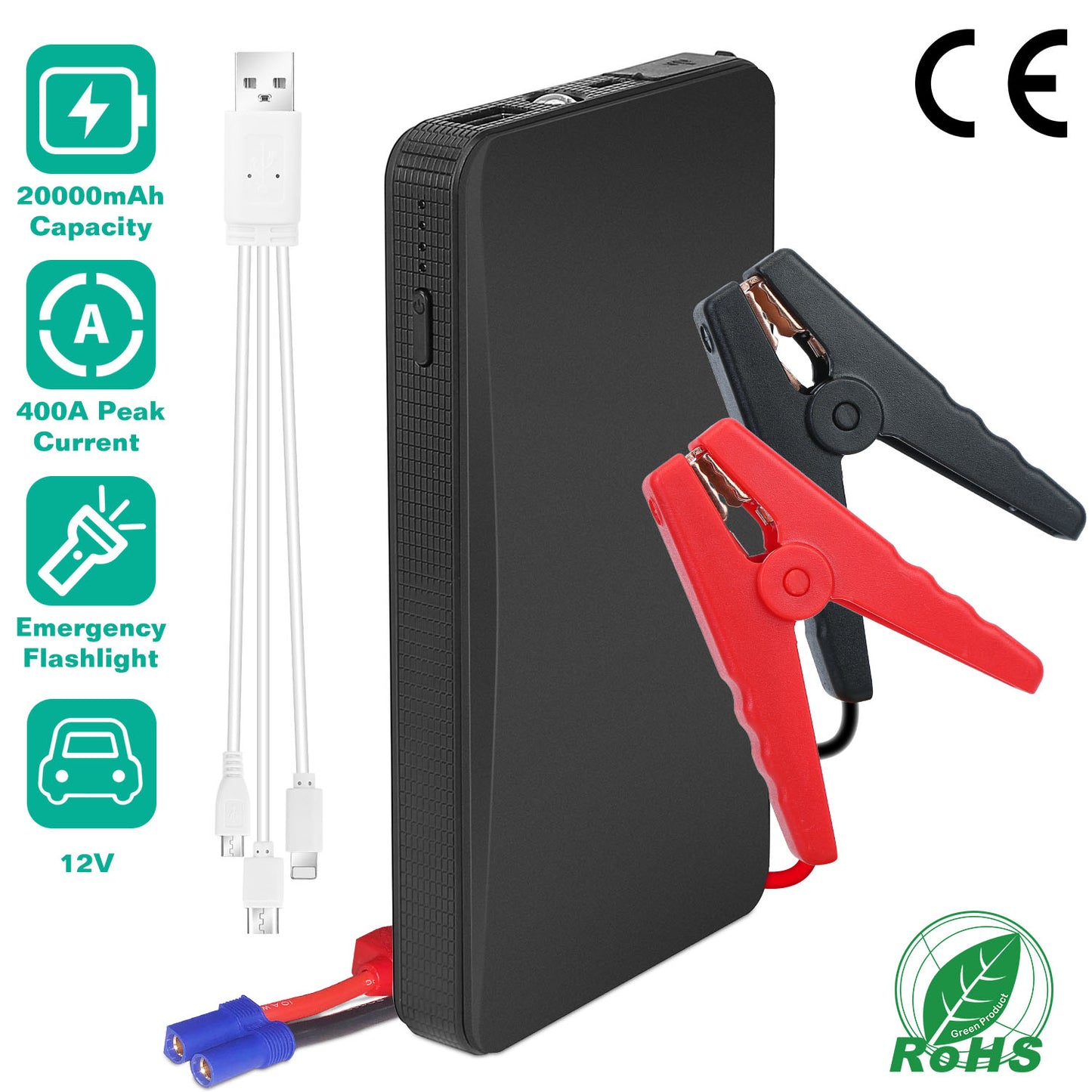 Car Jump Starter 400A Peak 20000mAh with LED Flashlight