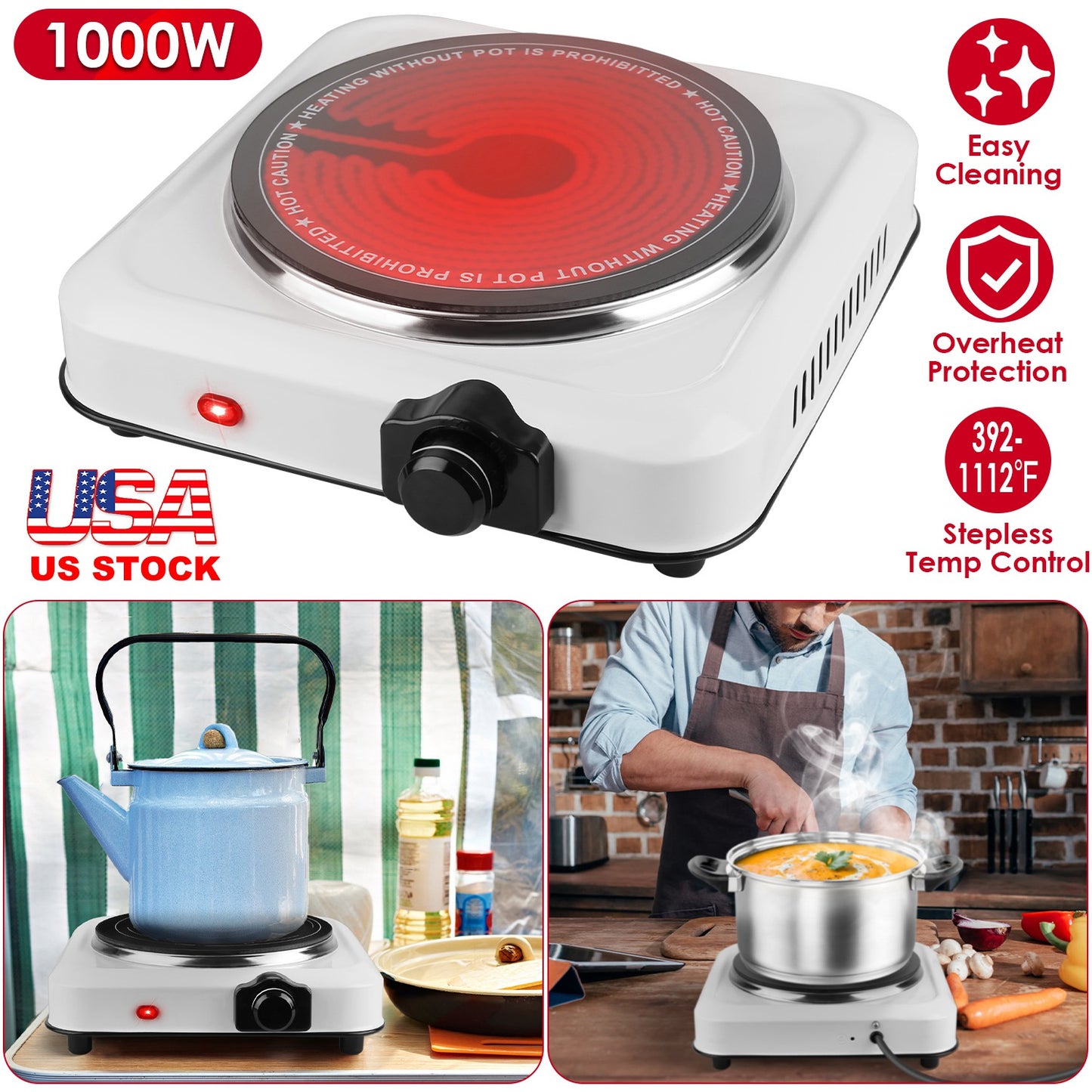 1000W Infrared Single Burner Hot Plate with Glass Cooktop