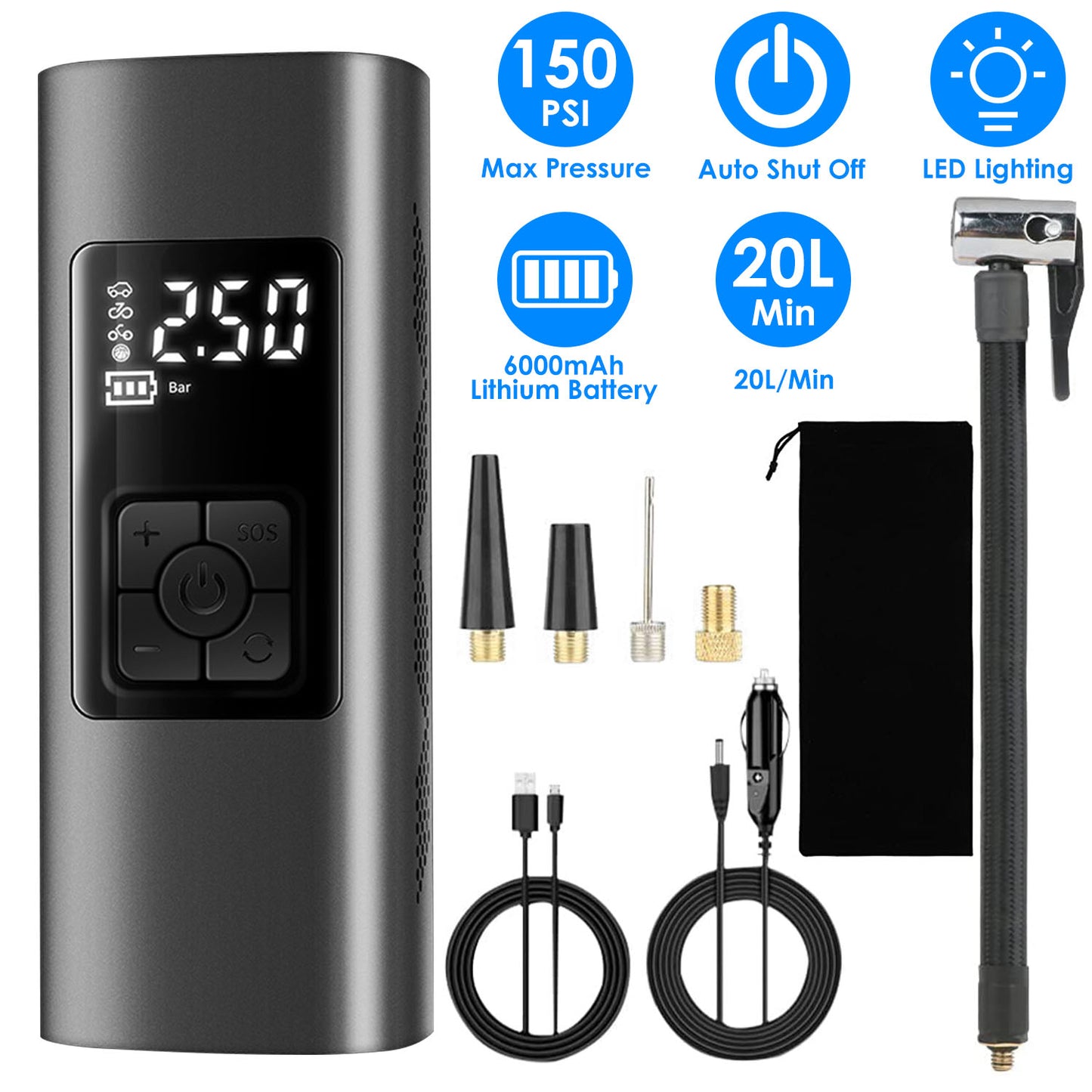 Cordless Tire Inflator 150PSI with 6000mAh Battery