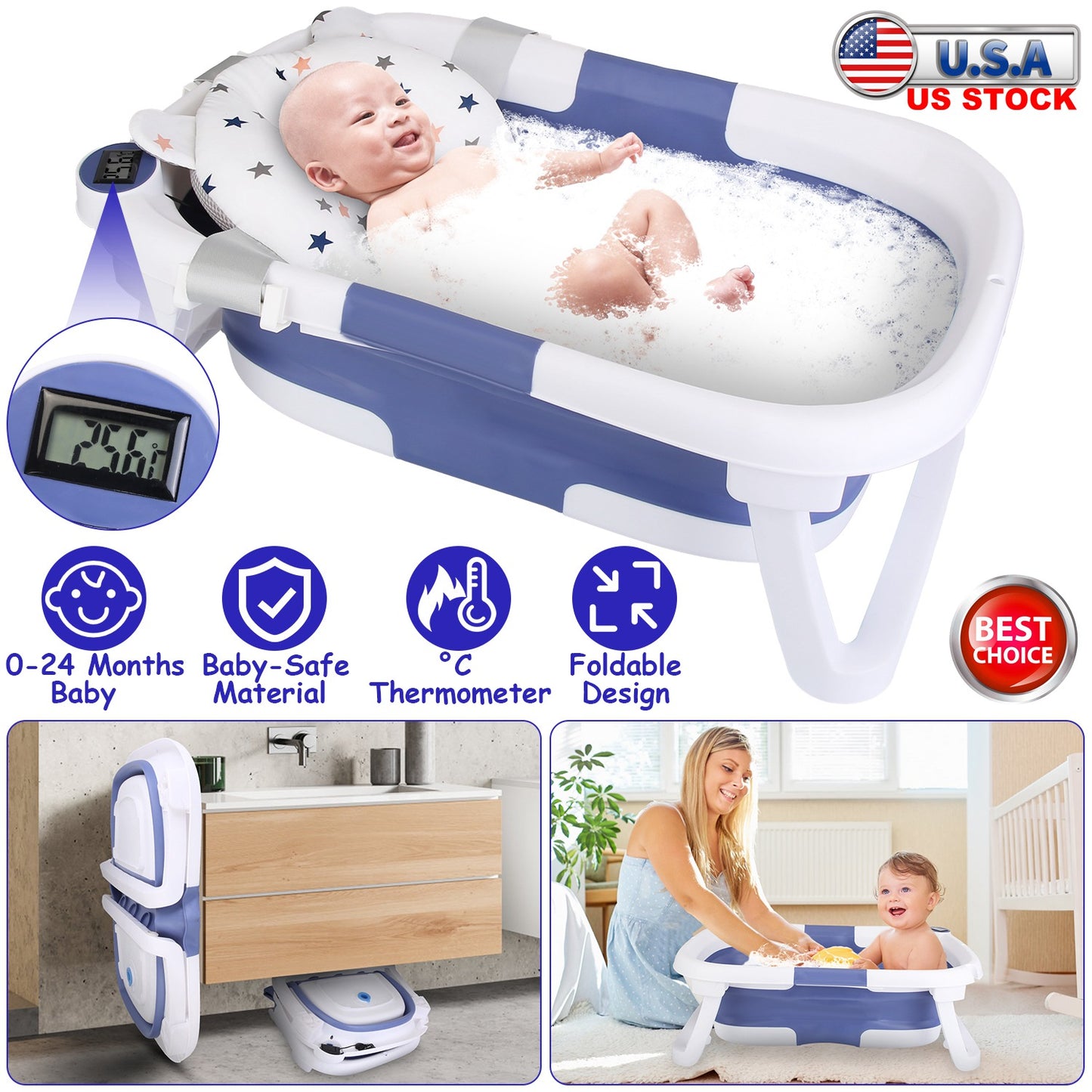 Collapsible Baby Bathtub with Thermometer for 0-24 Months