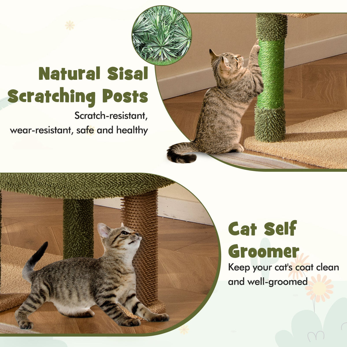59 Inch Multilevel Cactus Cat Tree with Scratching Posts Cando Toy and Rope-Green