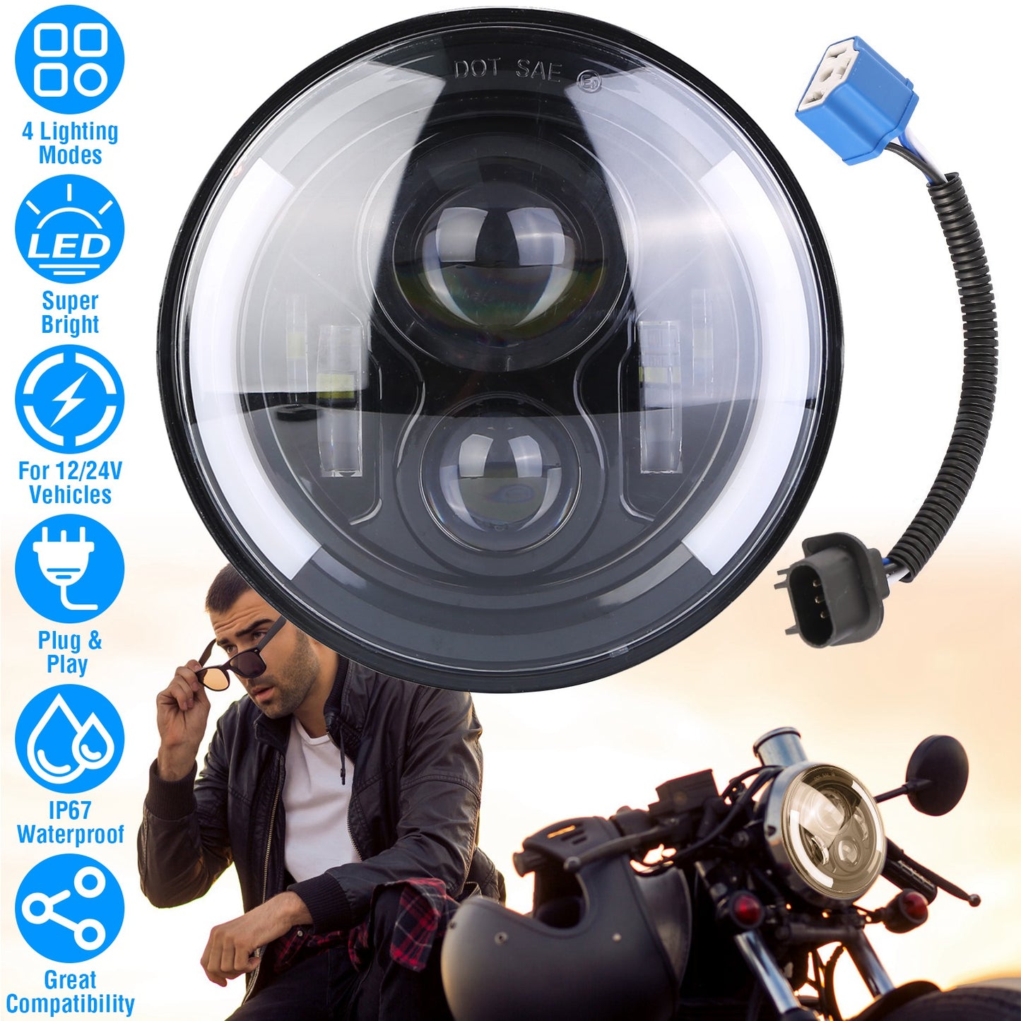 7 Inch Round LED Headlight with Halo DRL & Turn Signal
