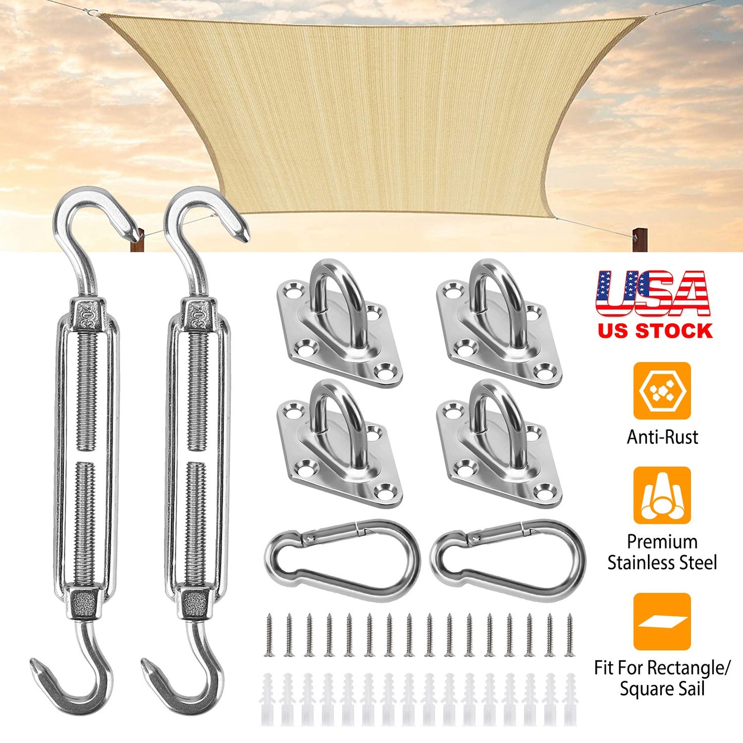 Sun Shade Sail Hardware Kit - Stainless Steel 32-Piece