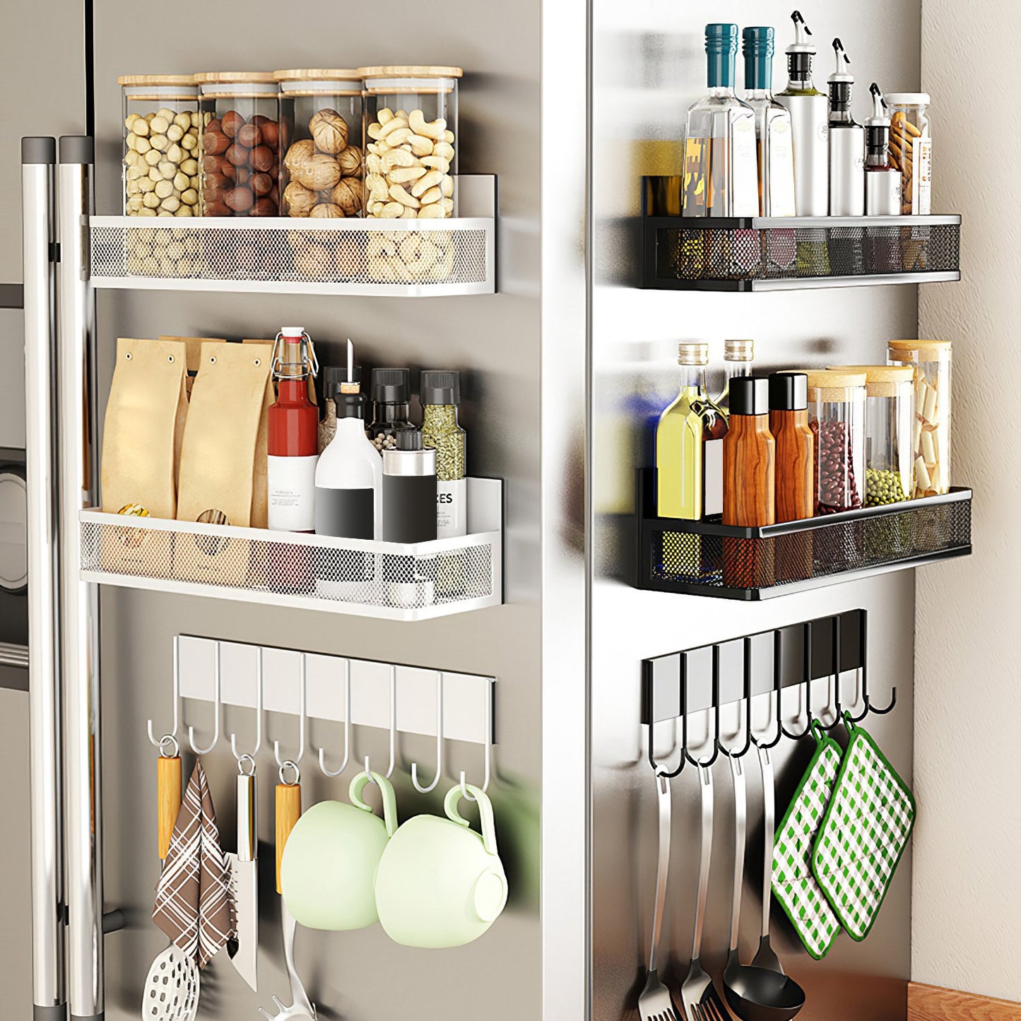 Magnetic Spice Rack 3-Pack with Hooks for Fridge Storage