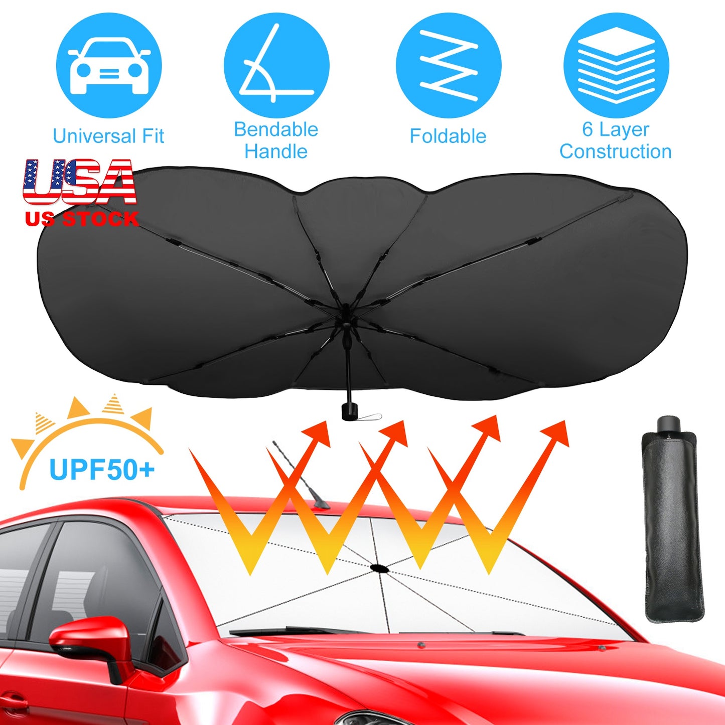 Foldable Car Windshield Sun Umbrella 57x33" UPF50+ Silver