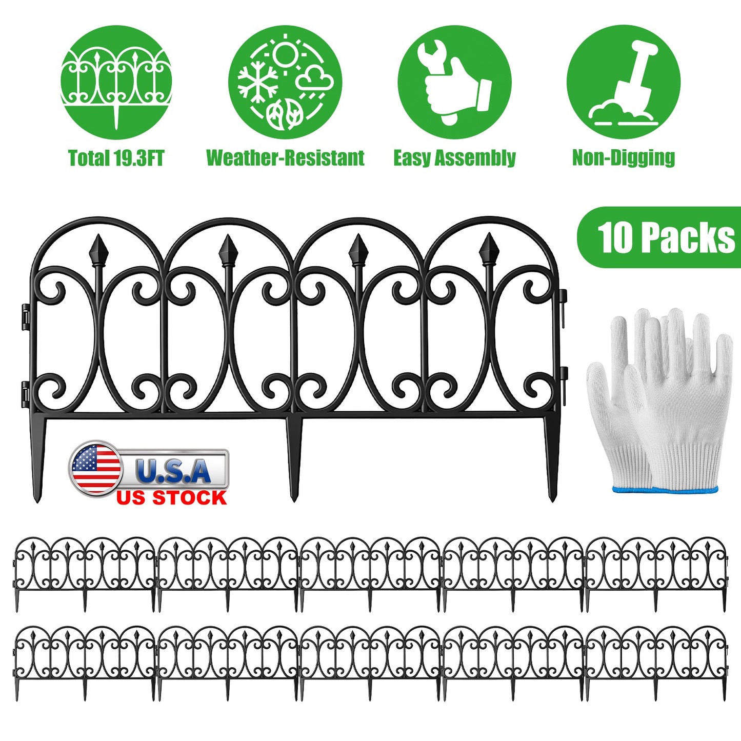 Garden Fence Panels 10-Pack with Rotatable Connectors