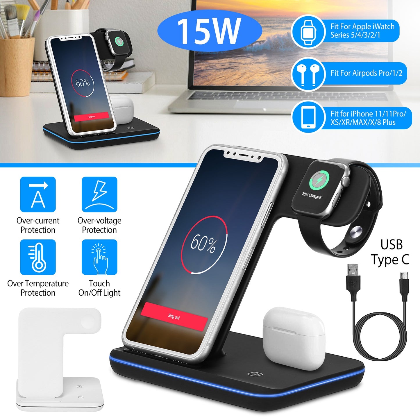 3-in-1 Wireless Charging Station 15W Fast Charge Dock
