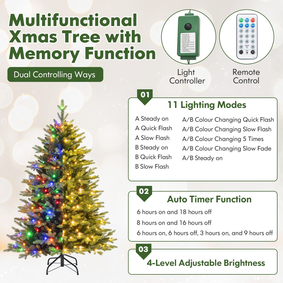5 Feet Artificial Xmas Tree Hinged with 11 Lighting Modes and Remote Control