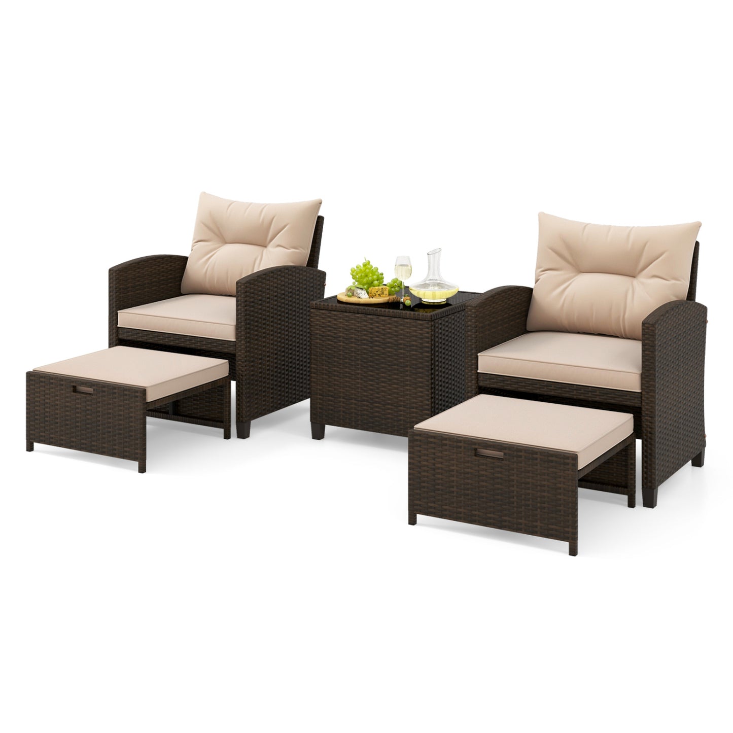5-Piece Rattan Patio Conversation Set with Ottomans & Table