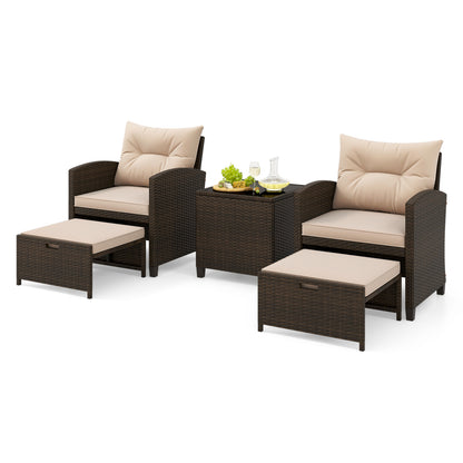 5-Piece Rattan Patio Conversation Set with Ottomans & Table