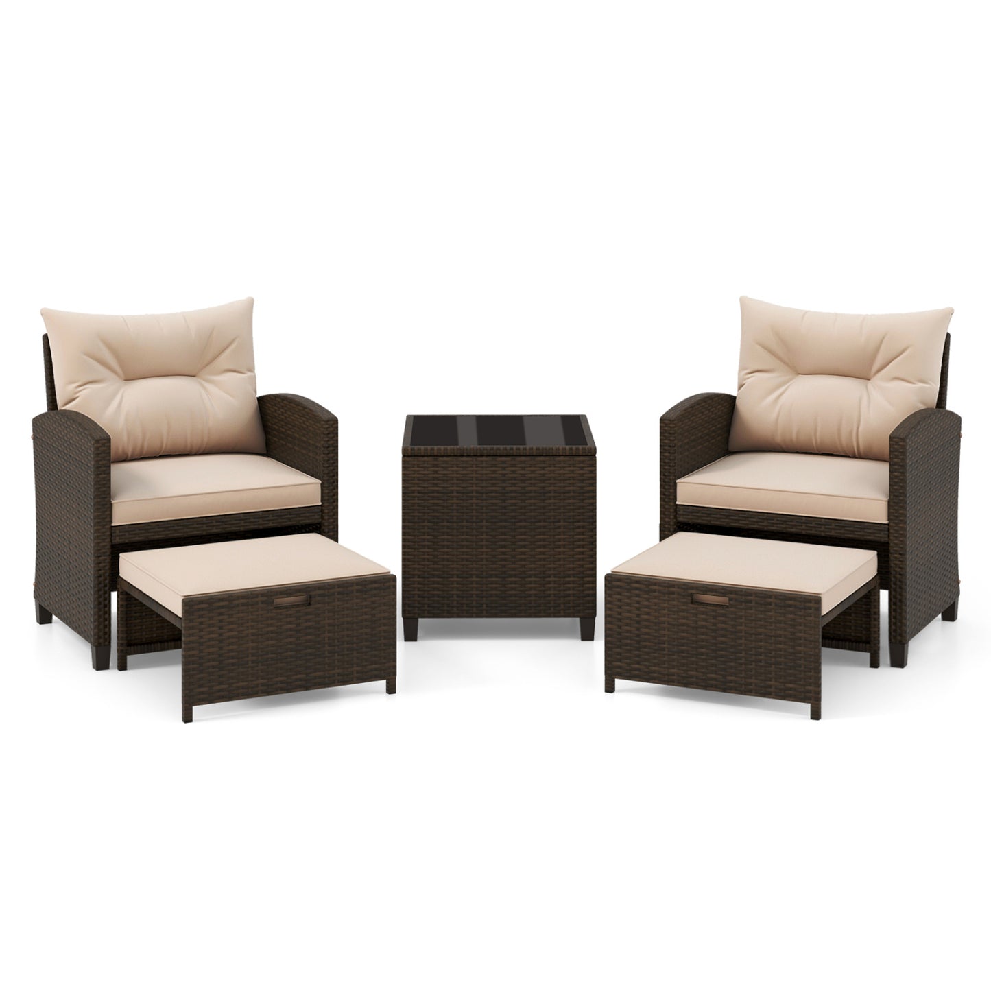 5-Piece Rattan Patio Conversation Set with Ottomans & Table