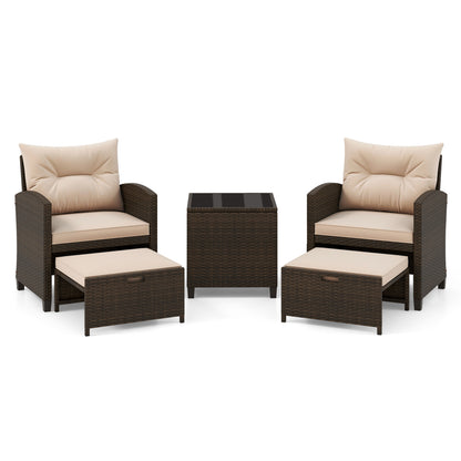 5-Piece Rattan Patio Conversation Set with Ottomans & Table