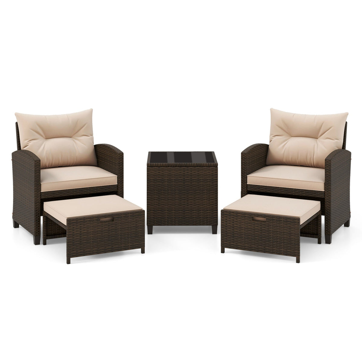 5 Pieces Patio Rattan Furniture with 2 Ottomans and Tempered Glass Coffee Table-Red