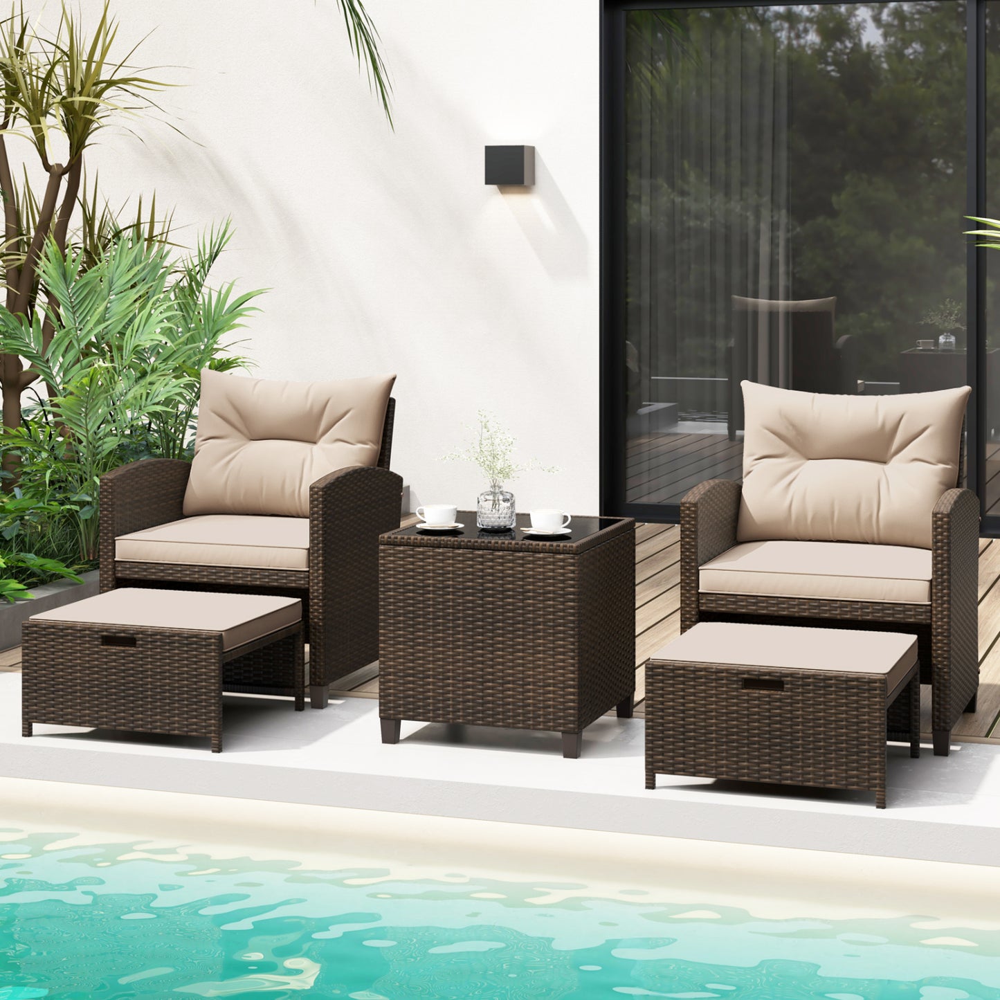 5-Piece Rattan Patio Conversation Set with Ottomans & Table