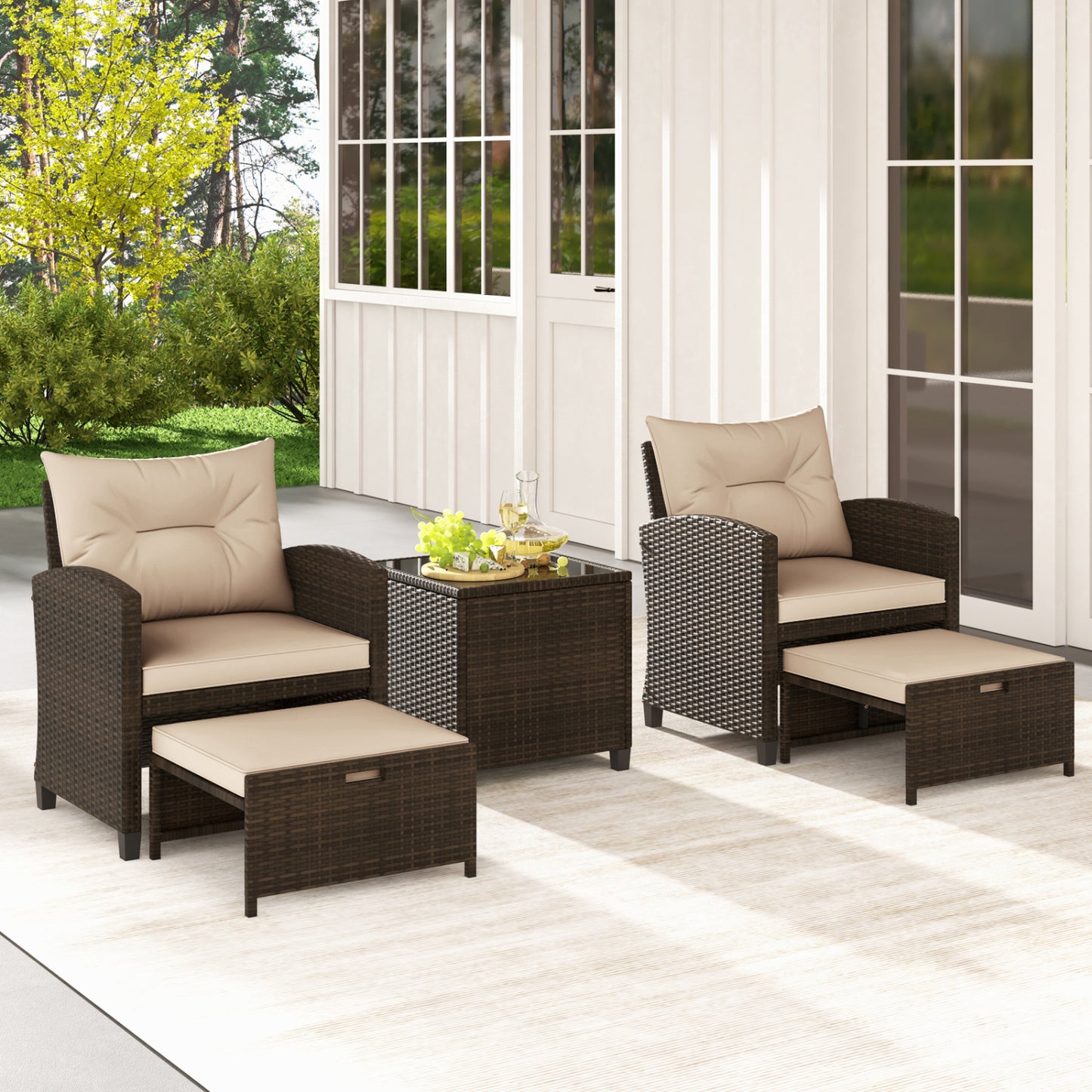 5-Piece Rattan Patio Conversation Set with Ottomans & Table