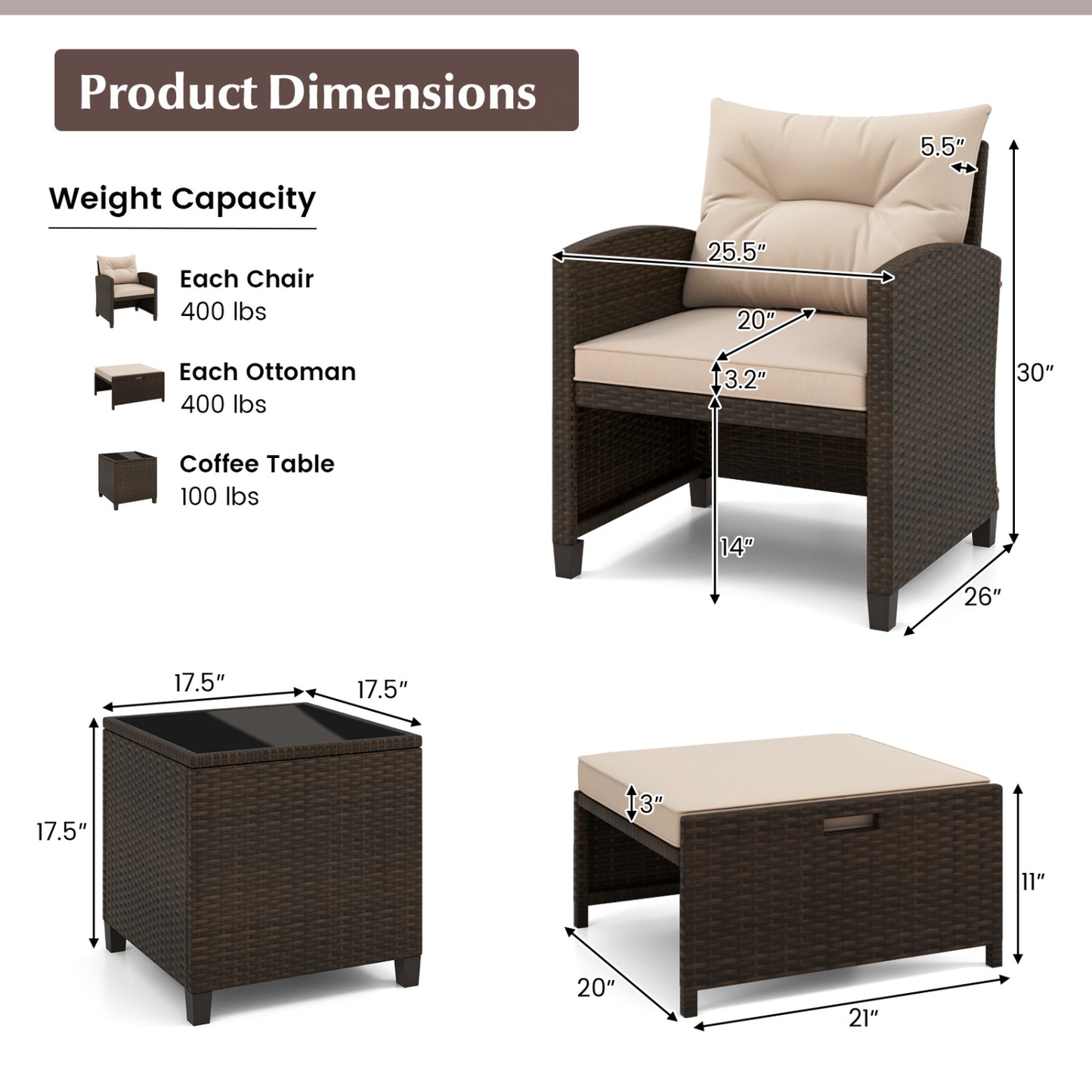 5-Piece Rattan Patio Conversation Set with Ottomans & Table