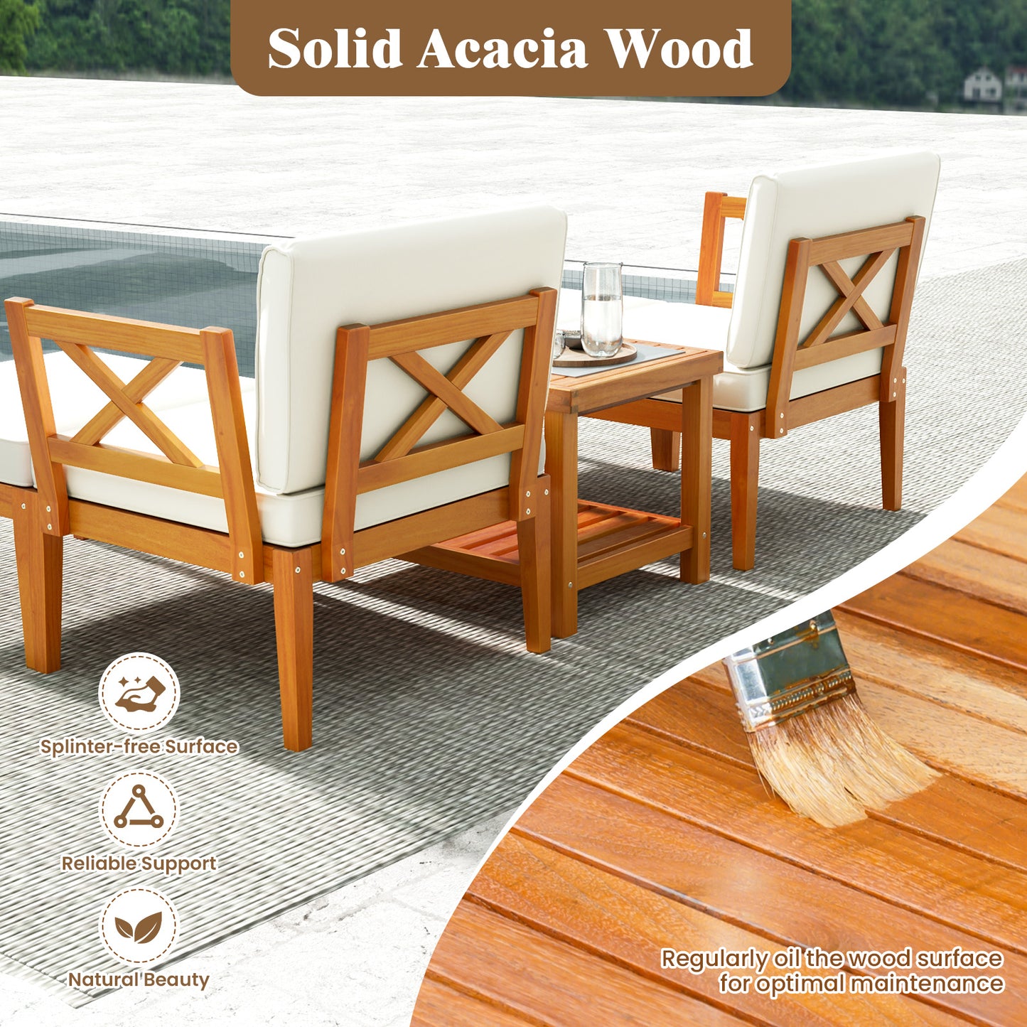 5-Piece Acacia Wood Patio Conversation Set with Cushions