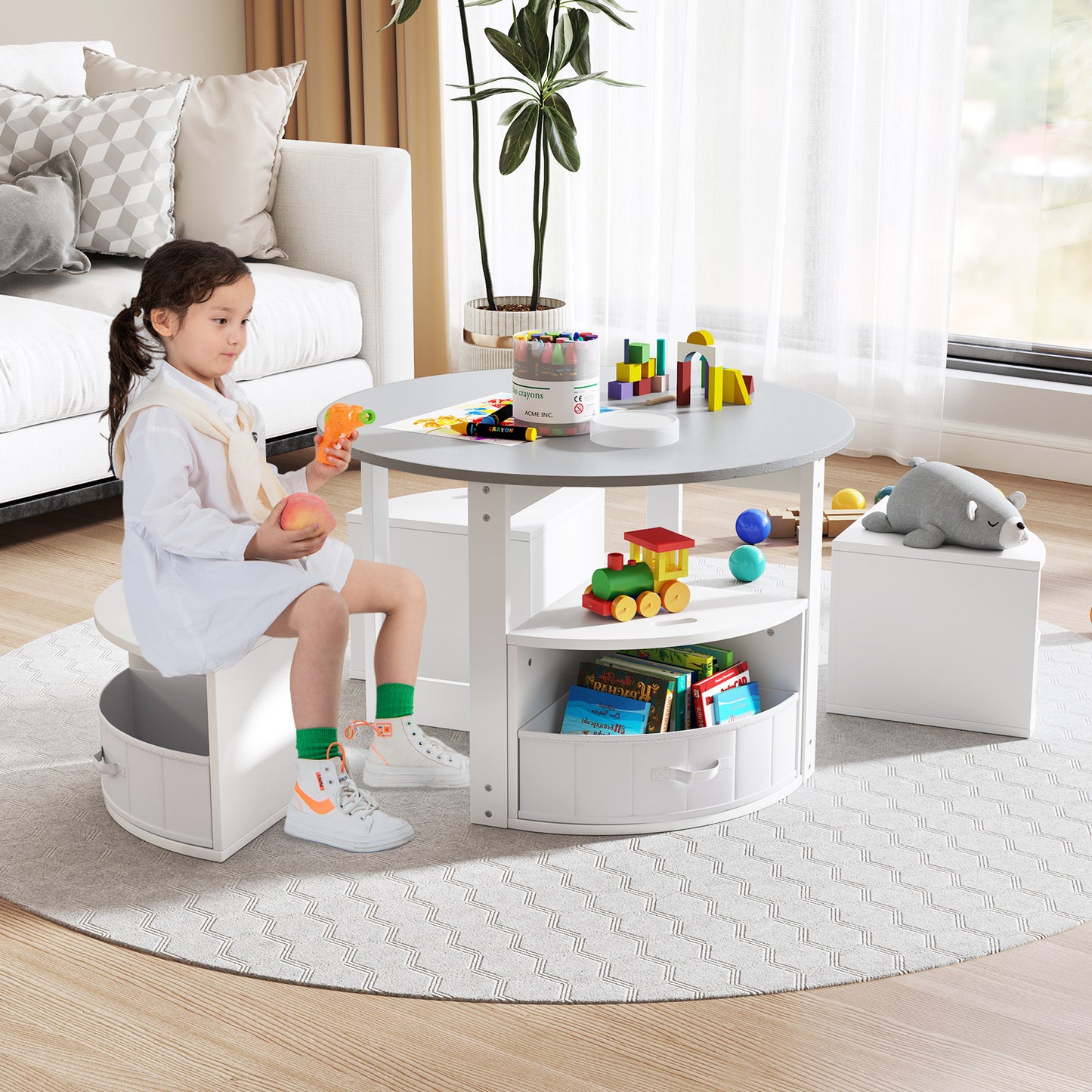 5-Piece Kids Table and Chair Set with Storage Stools