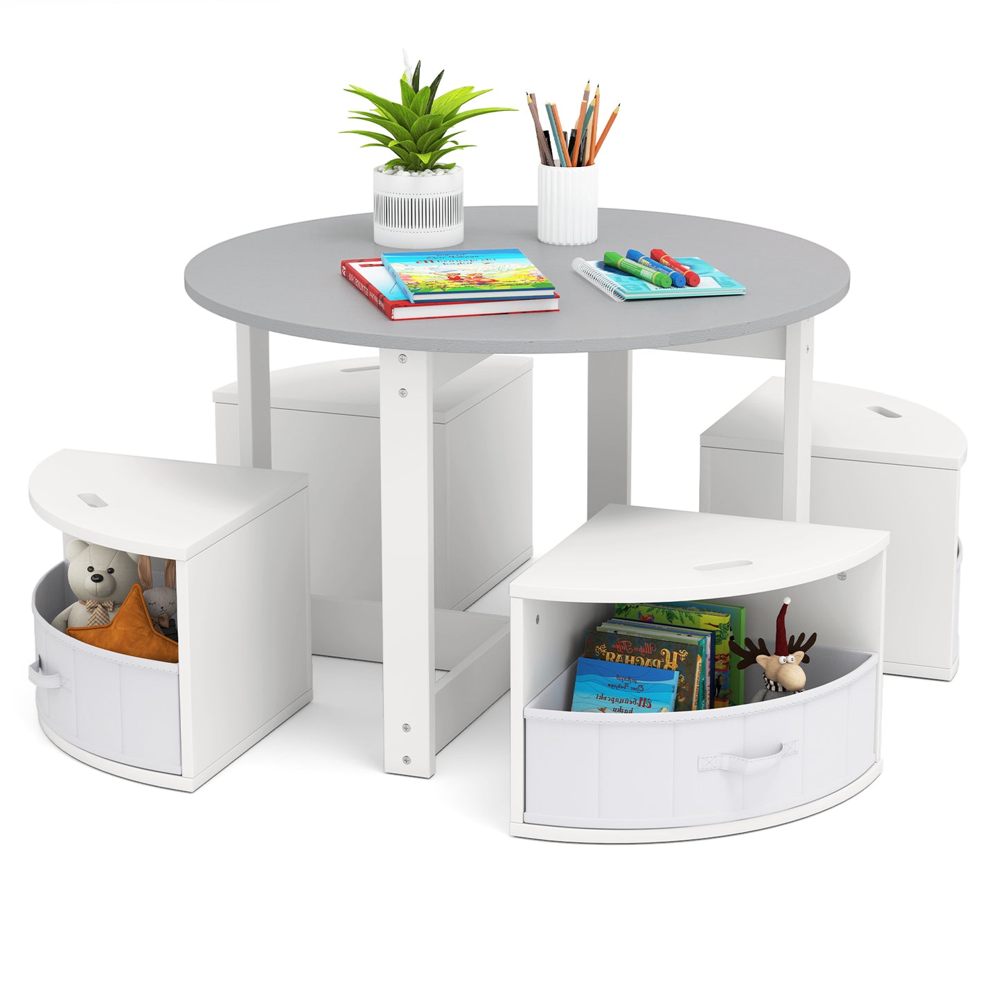 5-Piece Kids Table and Chair Set with Storage Stools