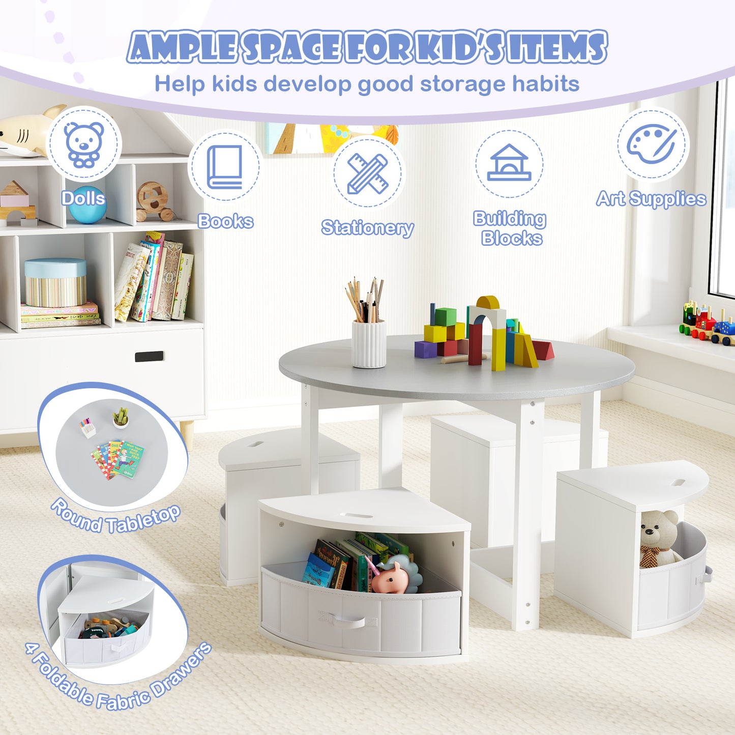 5-Piece Kids Table and Chair Set with Storage Stools