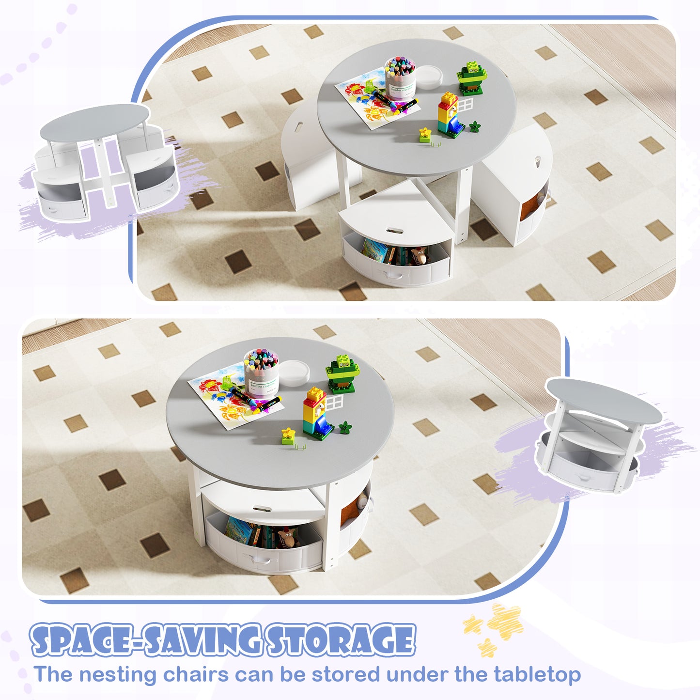 5-Piece Kids Table and Chair Set with Storage Stools