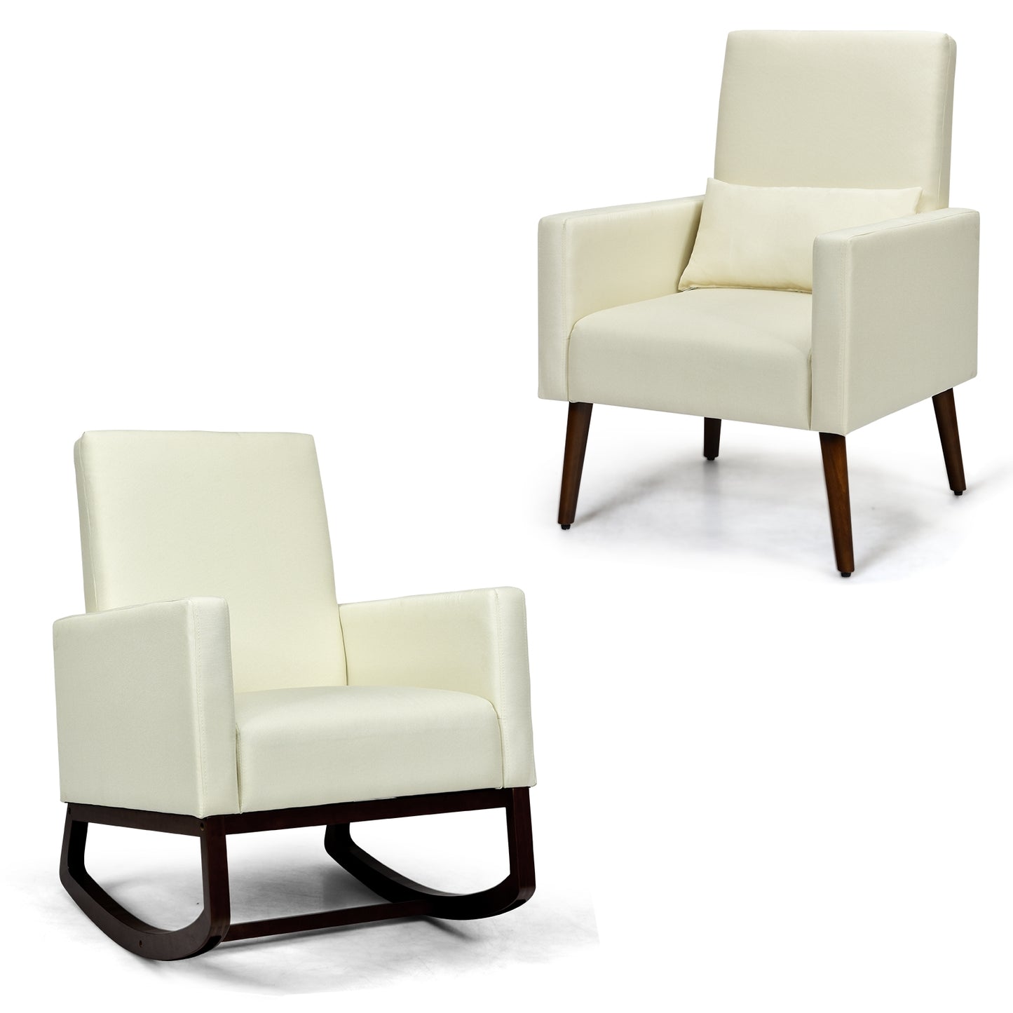 2-in-1 Rocking Chair with Pillow, Beige Linen Upholstery