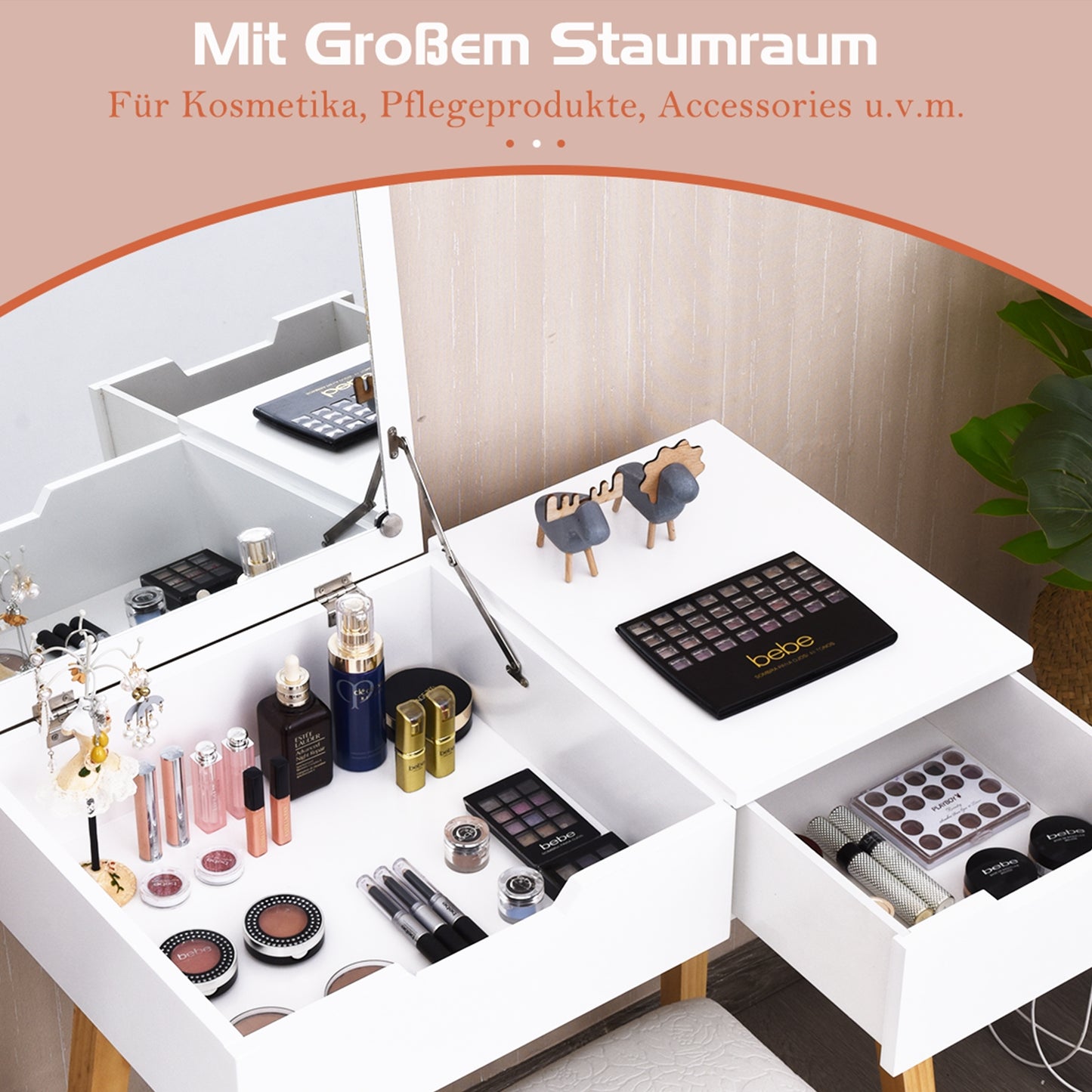 Vanity Table with Flip Top Mirror and Cushioned Stool