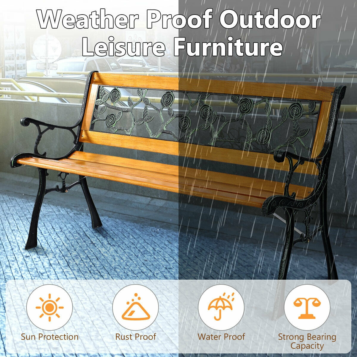 49.5" Cast Iron Garden Bench with Wood Seat - 3 Person