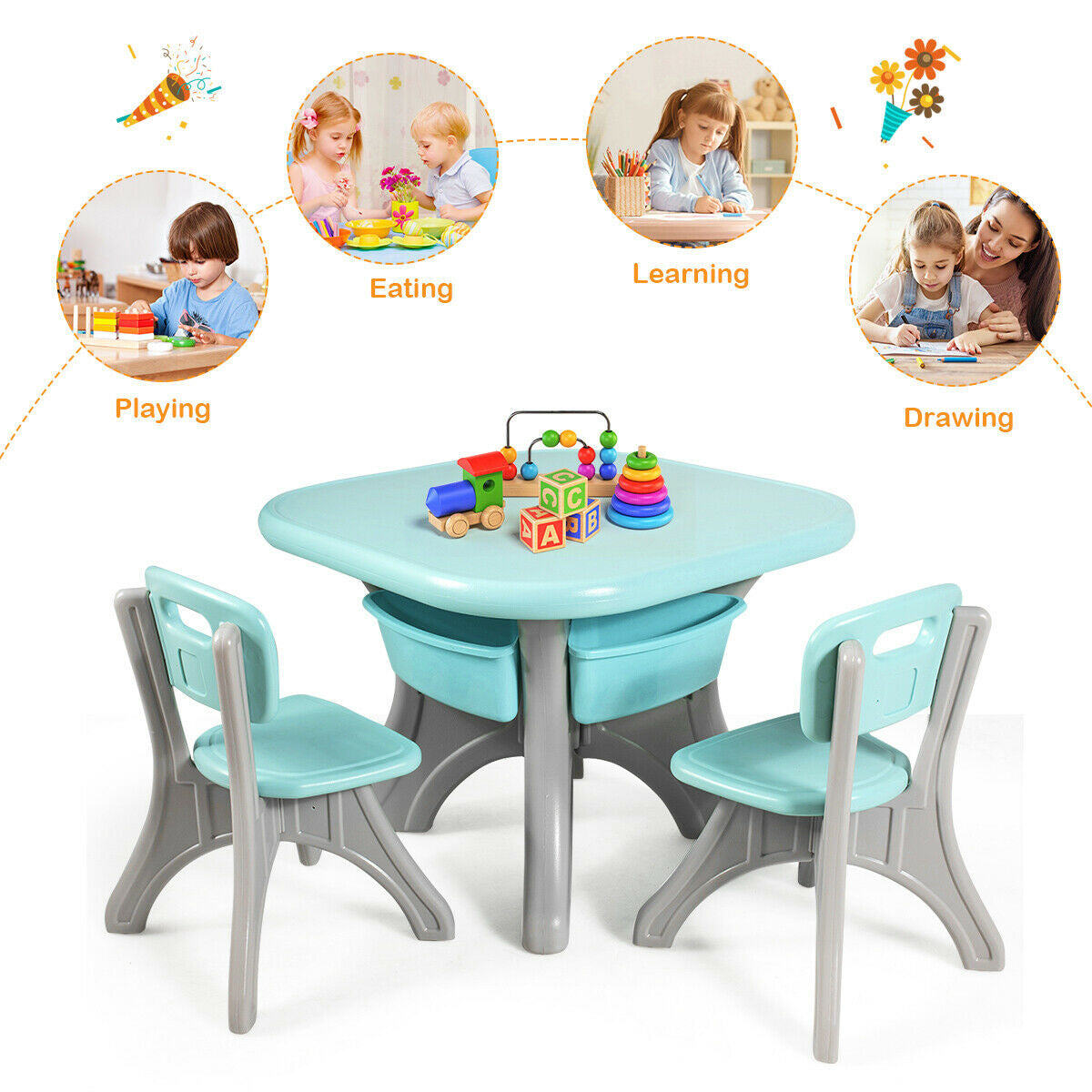 Kids Table and Chair Set with Storage Drawers - 3 Piece