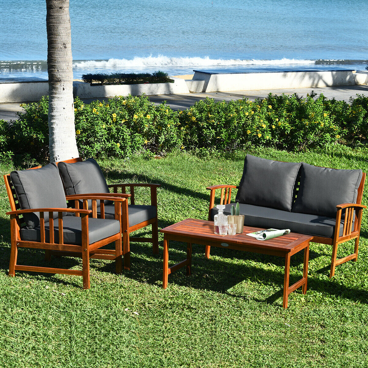 4-Piece Acacia Wood Patio Conversation Set with Cushions