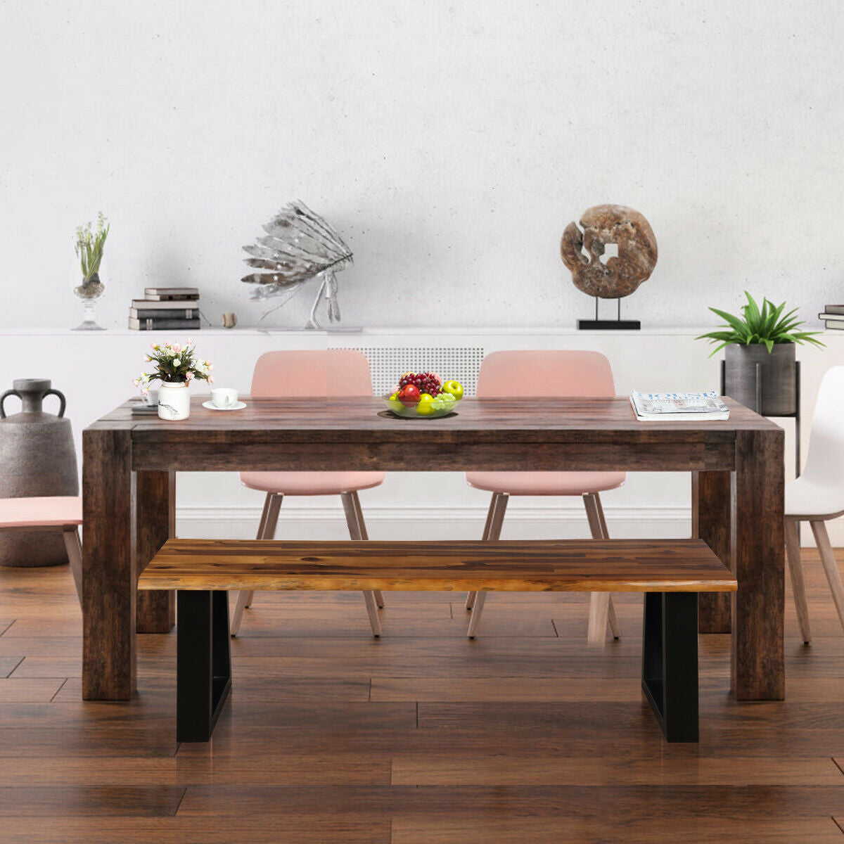 Acacia Wood Patio Bench with Metal Legs - 57.5 Inch