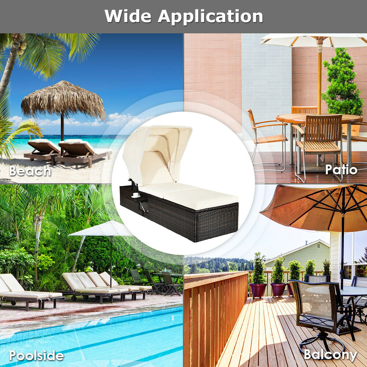 Outdoor Chaise Lounge with Canopy and Cushion