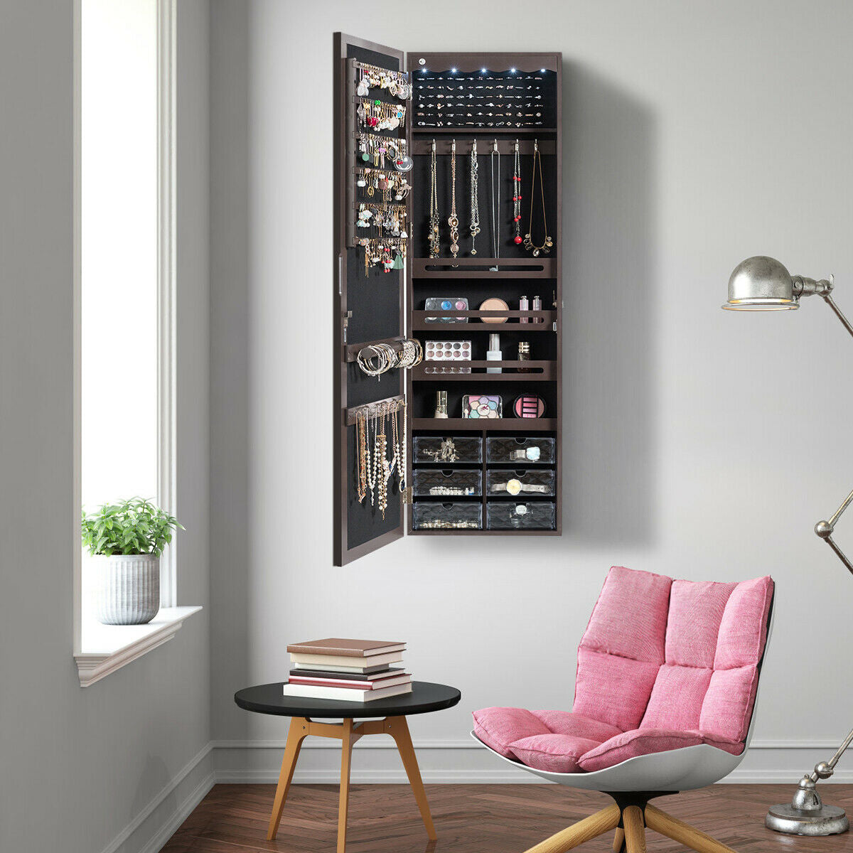 Wall Mounted Jewelry Armoire with LED Mirror - 47.5" Brown