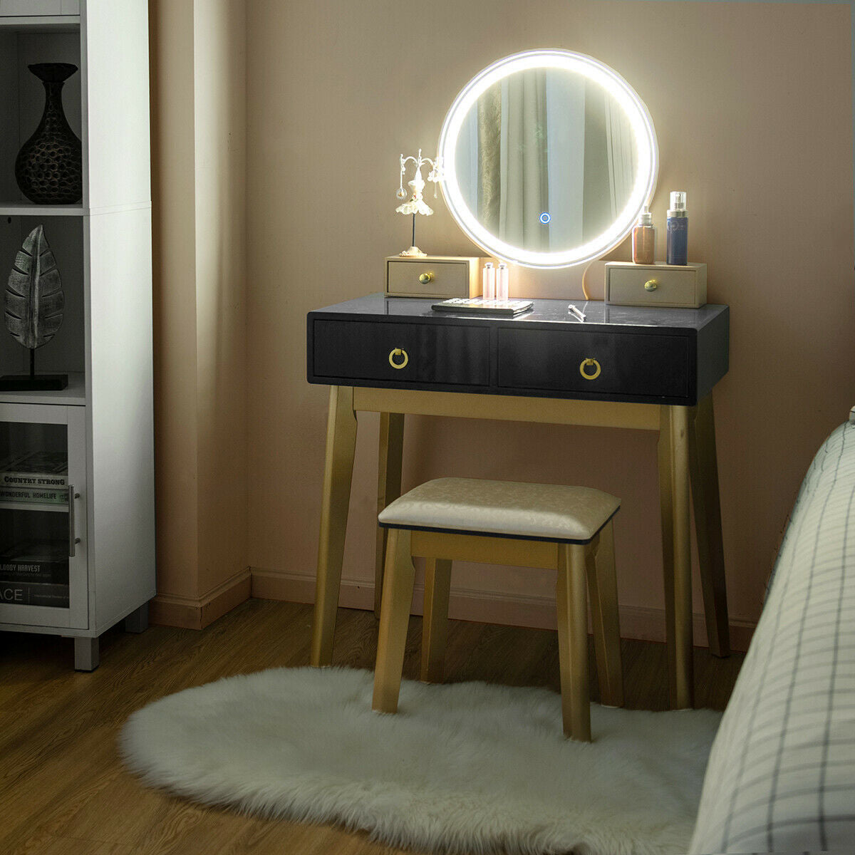Makeup Vanity Table with LED Lighted Mirror and Stool Set