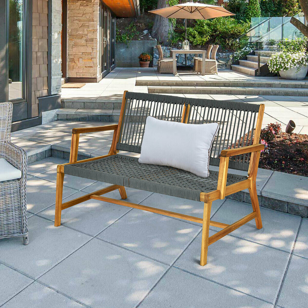 2-Person Acacia Wood Outdoor Bench with Rope Weave