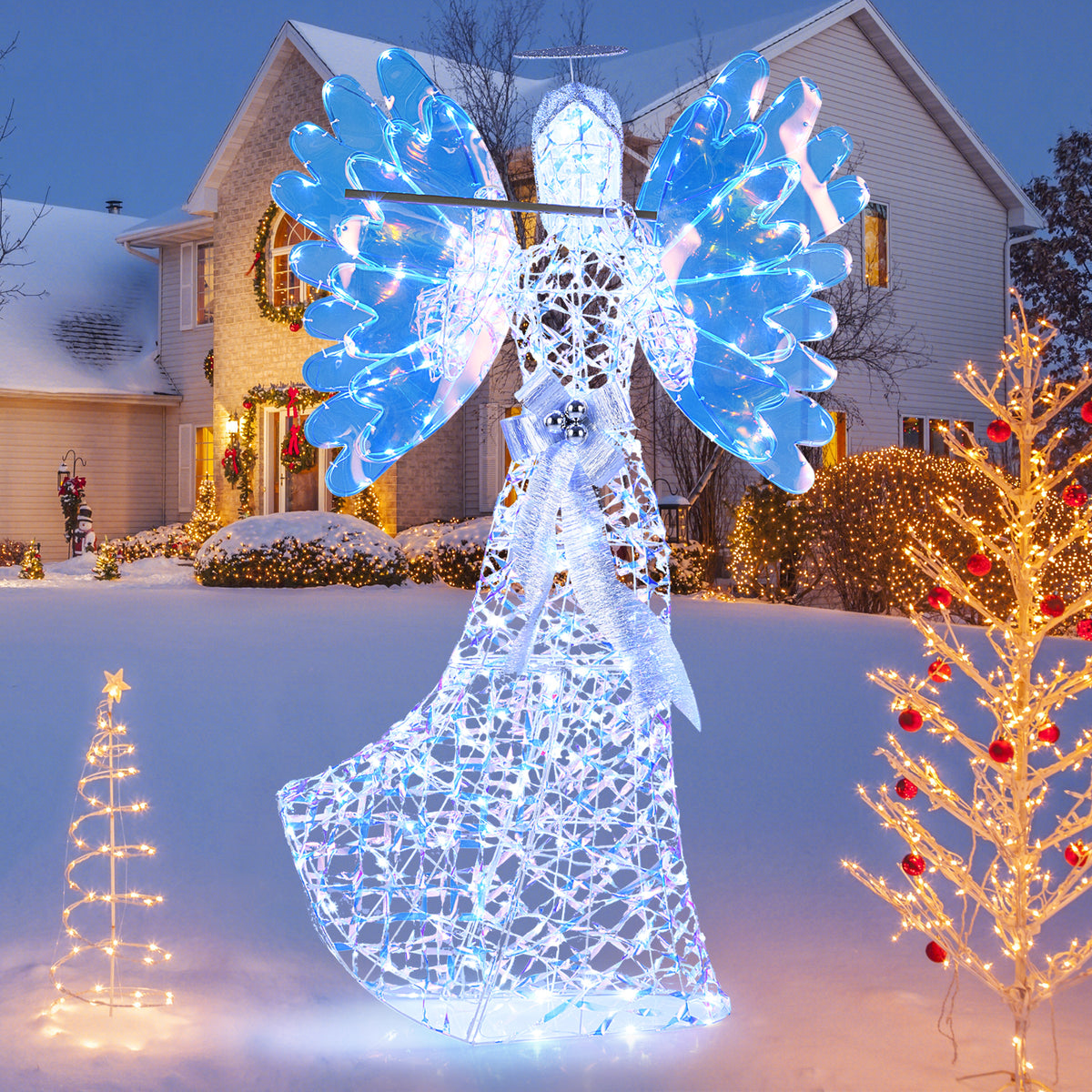 5.2 FT Lighted Angel Christmas Decoration 3D Glittering Halo Angel with Flute