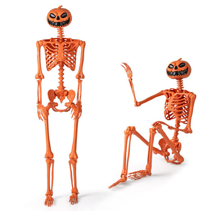 5.2 FT Orange Life-Size Poseable Halloween Skeleton with Pumpkin Head and Movable Joints