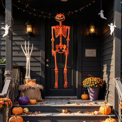 5.2 FT Orange Life-Size Poseable Halloween Skeleton with Pumpkin Head and Movable Joints
