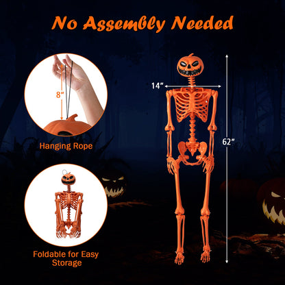 5.2 FT Orange Life-Size Poseable Halloween Skeleton with Pumpkin Head and Movable Joints