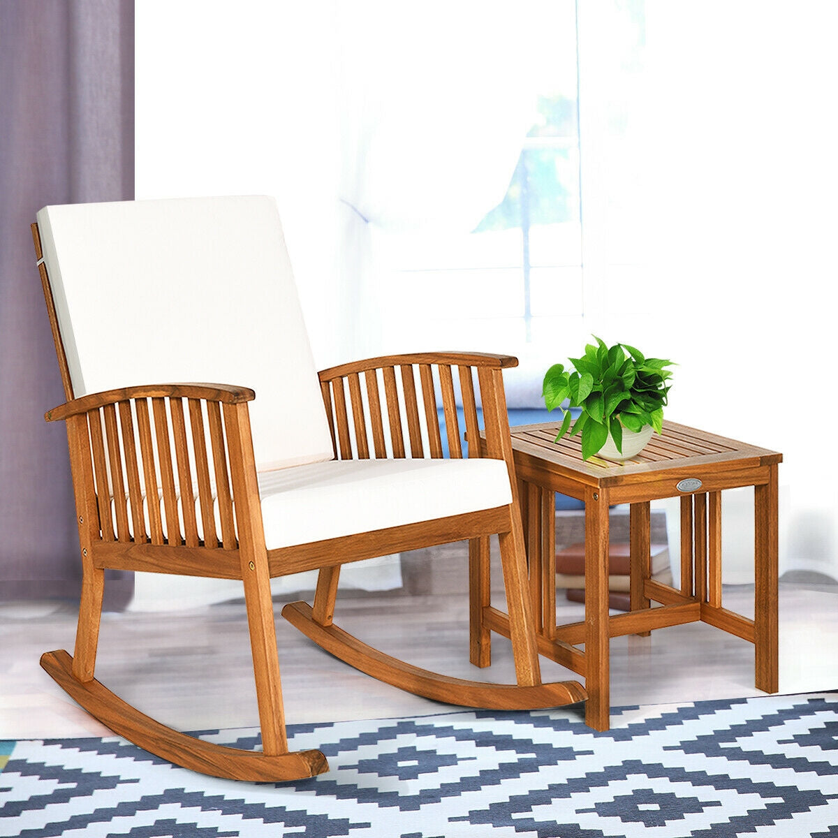 Acacia Wood Patio Rocking Chair Set with Table & Cushions