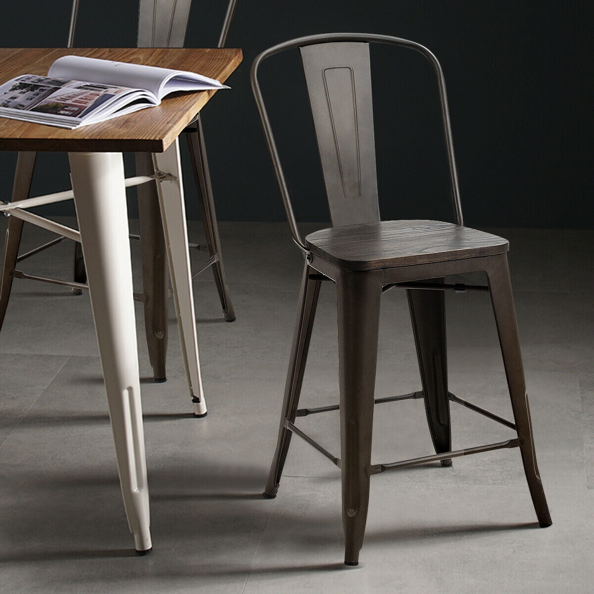 Industrial Metal Counter Stools with Removable Backrests Set of 4