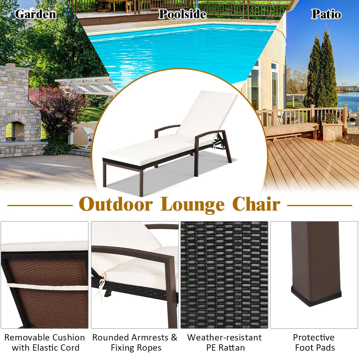 Adjustable Patio Chaise Lounge with Cushion - 5 Positions