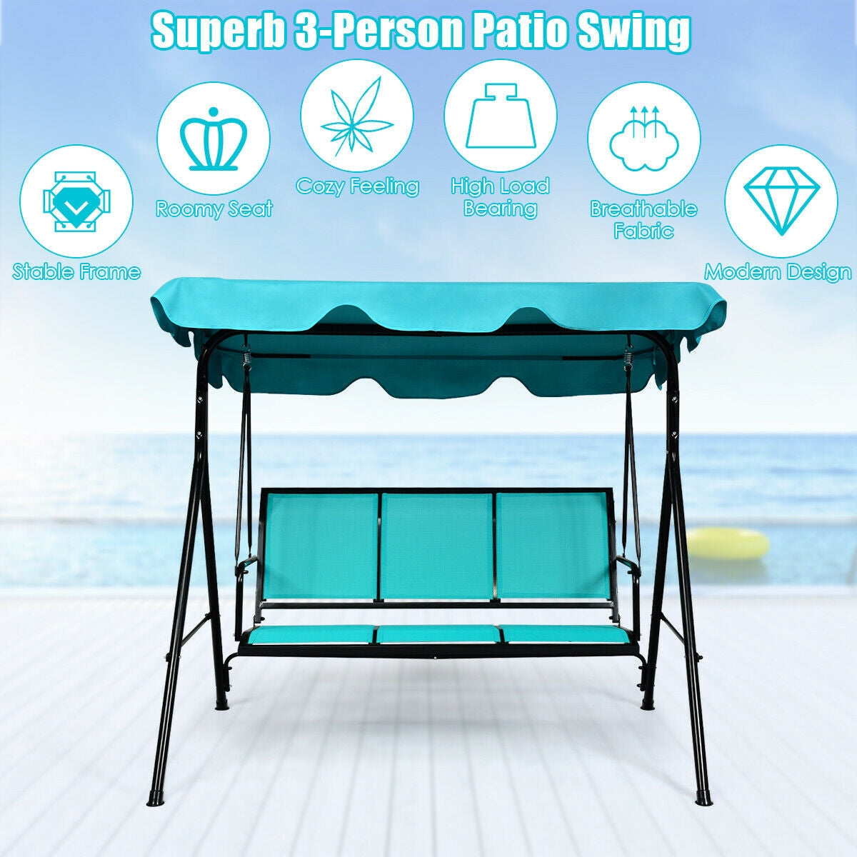3 Person Porch Swing with Adjustable Canopy - Blue