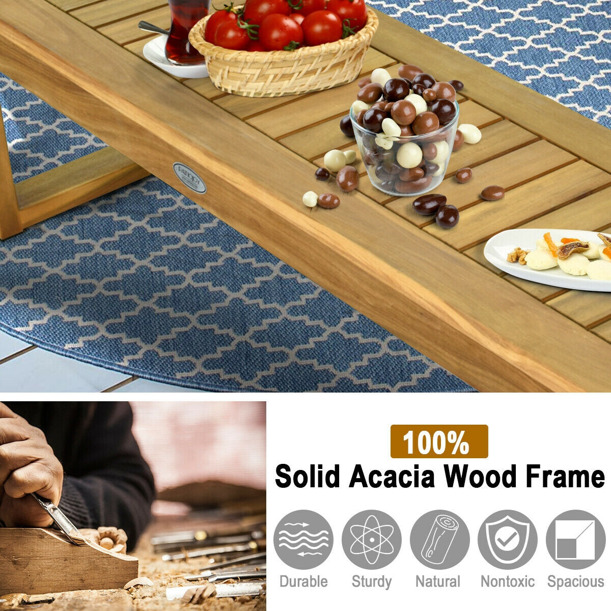 52-Inch Acacia Wood Dining Bench with Slatted Seat