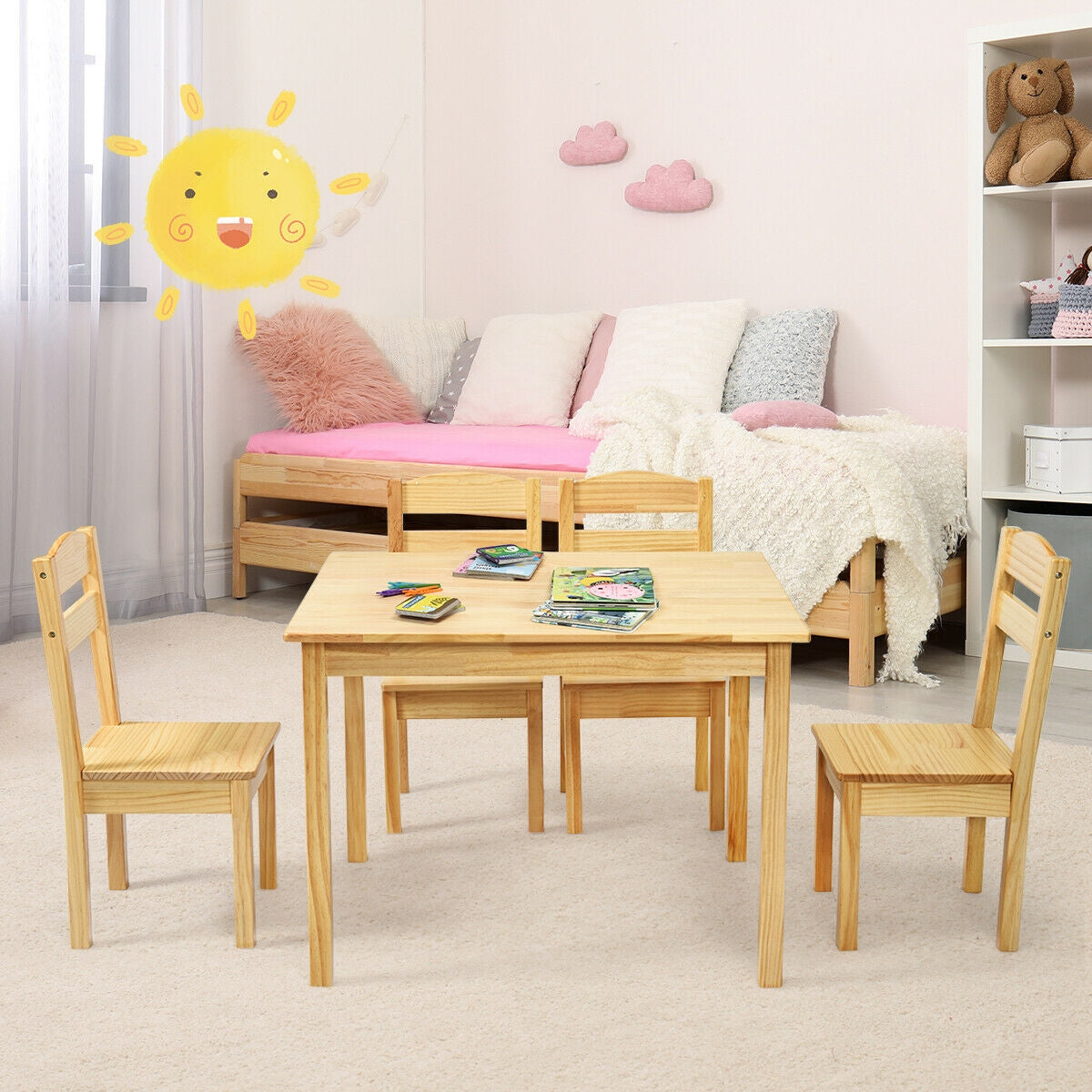Kids Table and Chair Set - 5 Piece Pine Wood