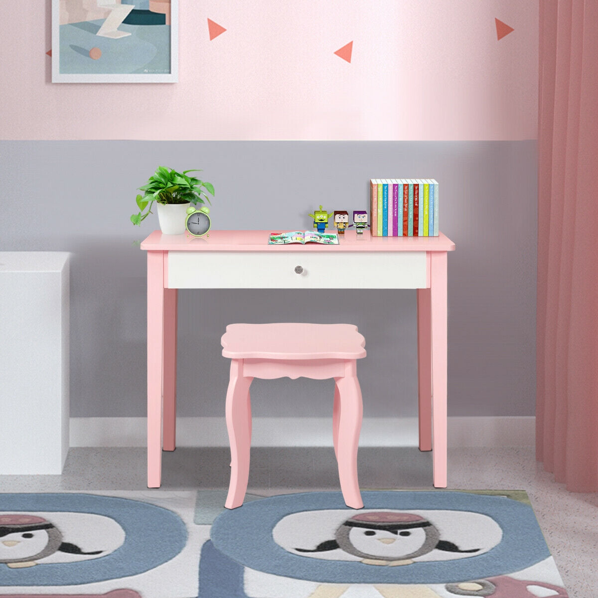 Kids Vanity Table with Tri-Fold Mirror and Chair Set