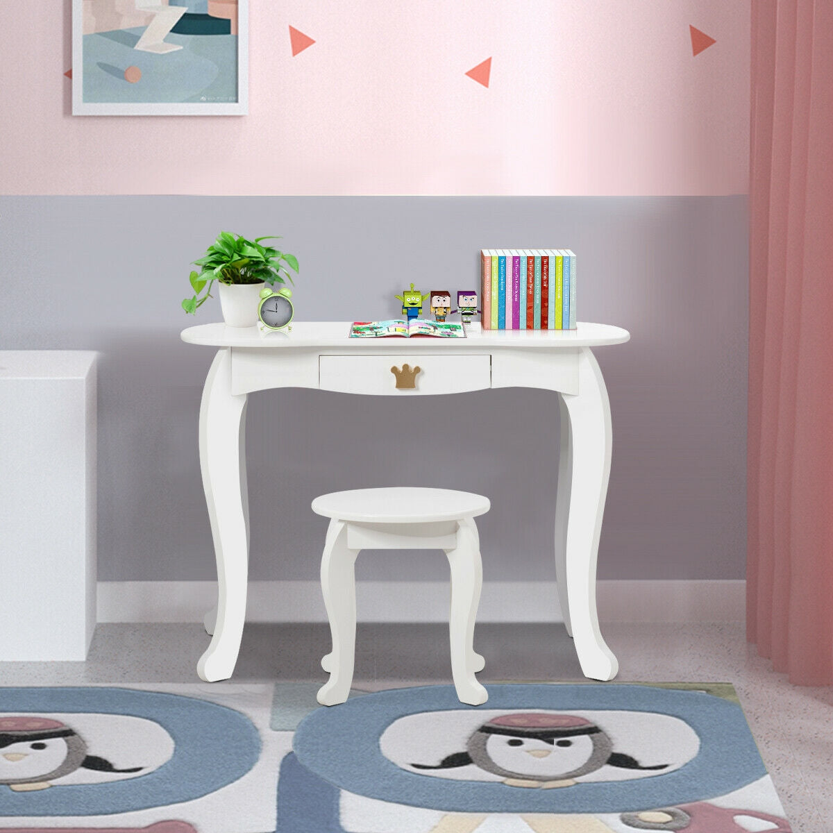 Kids Makeup Vanity Table with Tri-Fold Mirror and Stool