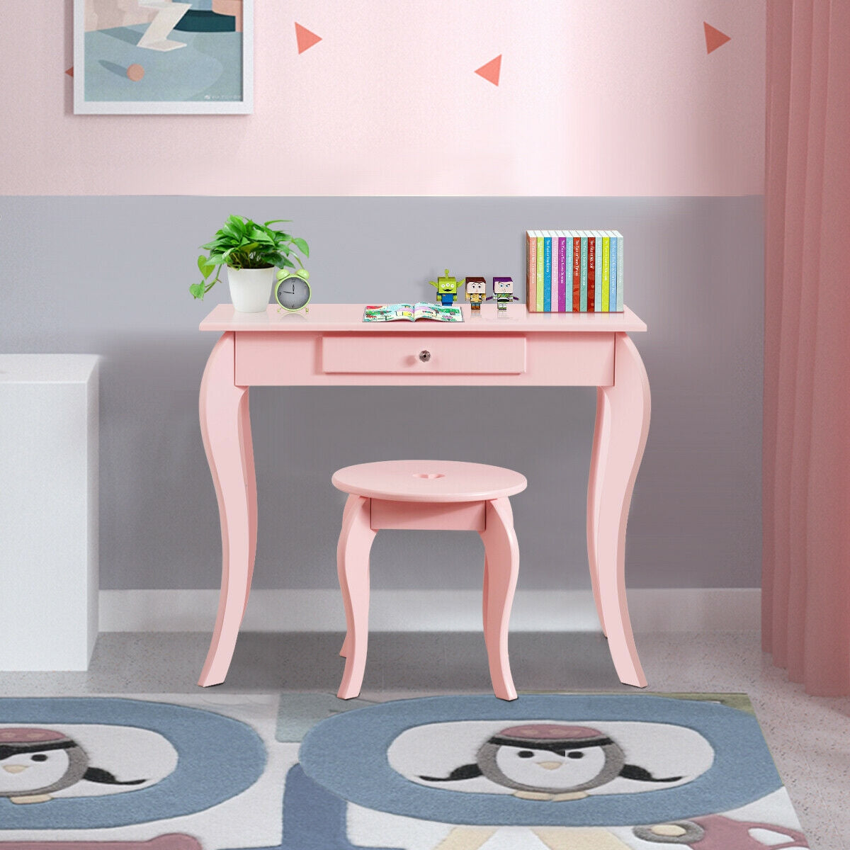 Kids Vanity Table Set with Mirror and Stool